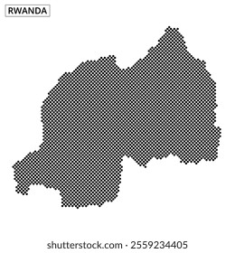 Dot-styled representation of Rwanda showcases its geography, emphasizing landforms and borders for educational purposes.