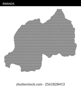 Dot-styled representation of Rwanda showcases its geography, emphasizing landforms and borders for educational purposes.