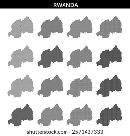 Dot-styled representation of Rwanda showcases its geography, emphasizing landforms and borders for educational purposes.