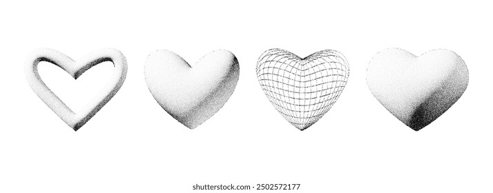 Colección en forma de corazón 3d punteado. Conjunto de corazón degradado punteado negro. Y2K dotwork grano grunge elemento de diseño paquete para el Anuncio, cartel, decoración. Ruido texturizado forma arenosa Paquete. Vector