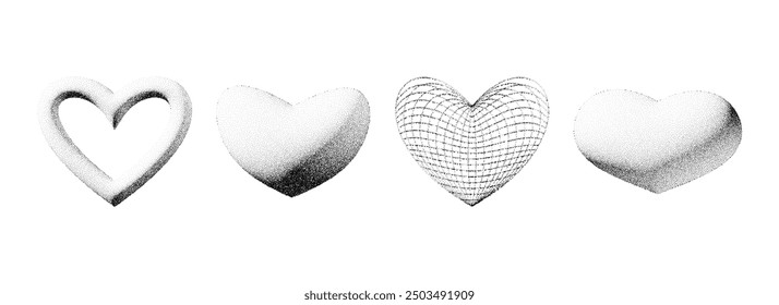Colección en forma de corazón 3d punteado. Conjunto de corazón degradado punteado negro. Y2K dotwork grano grunge elemento de diseño paquete para el Anuncio, cartel, decoración. Ruido texturizado forma arenosa Paquete. Vector