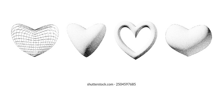 Dotted 3d heart shape collection. Black stippled gradient heart set. Y2K dot work grain grunge design element pack for banner, poster, decoration, flyer. Textured noise gritty form bundle. Vector