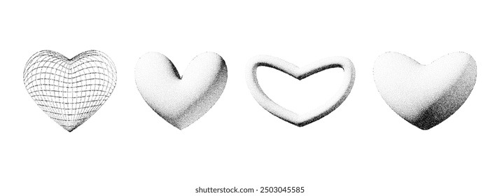 Dotted 3d heart shapes collection. Black stippled fade gradient heart set. Y2K dotwork grain grunge design elements pack for banner, poster, decoration. Textured noise gritty forms bundle. Vector