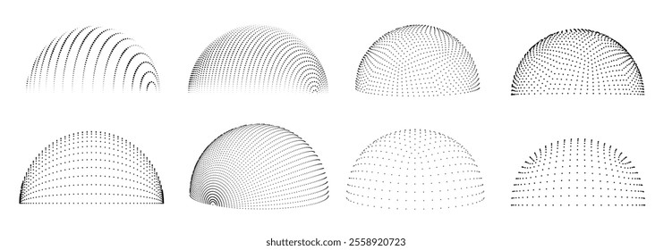 Dotted 3d hemisphere. Dome wireframe dots, geometric half sphere shapes with dotted patterns. Digital power shield, futuristic graphics isolated vector set.