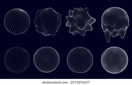 Dotted 3d sphere. Spherical forms, distorted and melted spheres with dot patterns. Abstract volumetric shapes with geometric wireframe dots isolated vector set.