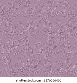 Giros tridimensionados sin fisuras. Fondo rosa con bordado floral texturado. Flores giratorias dibujadas a mano, hojas, puntos. Ornamento artístico de la línea de ayuda de swirl. Textura interminable de la superficie ornamentada.