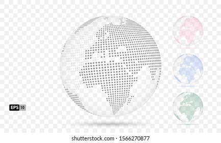 Dotted 3D Vector Globes with World Maps colored. Planet Earth Collection with Continents