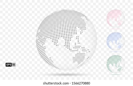 Dotted 3D Vector Globes with World Maps colored. Planet Earth Collection with Continents
