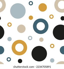 Abstrakter abstrakter Hintergrund. Polka-Punktmuster Skandinavische nahtlose geometrische Struktur mit Kreis, Ring, Schleife auf weißem Hintergrund für moderne Textilien, Modegewebe, Deckel, Gehäuse. Gespeicherte Tapete.