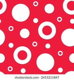Dotted abstract background. Polka dot pattern. Seamless geometric texture with circle, ring, loop on red background for modern textile, fashion fabric, cover, case. Red and white spotted wallpaper.
