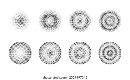 Dotted abstract circles with waving dot size. Dotted circle shape with size level vector illustration set.