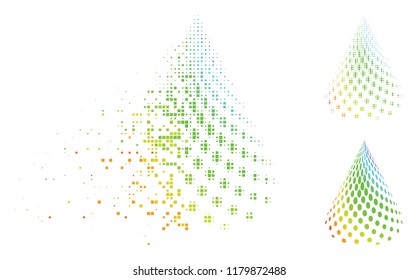 Dotted abstract cone icon in dispersed, dotted halftone and whole variants. Particles are composed into vector dispersed dotted abstract cone figure. Disappearing effect uses rectangle particles.