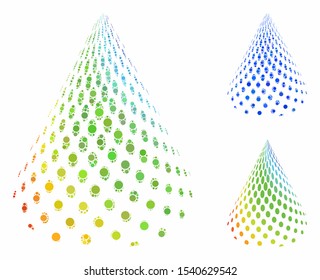 Dotted abstract cone mosaic of filled circles in different sizes and color tints, based on dotted abstract cone icon. Vector filled circles are combined into blue illustration.