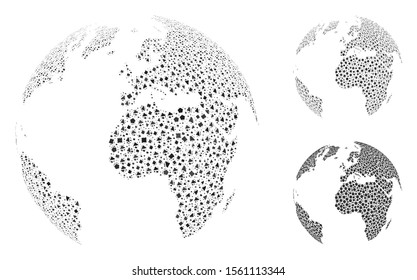 Dotted abstract globe mosaic of bumpy pieces in various sizes and color tones, based on dotted abstract globe icon. Vector rough pieces are organized into collage.