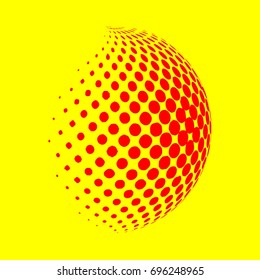 Dotted. Abstract globe dotted sphere, 3d halftone dot effect. Red color, in Yellow background. Vector illustration. 