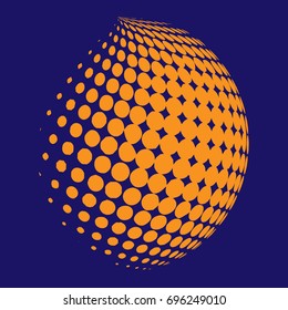 Dotted. Abstract globe dotted sphere, 3d halftone dot effect. Orange color, in blue background. Vector illustration