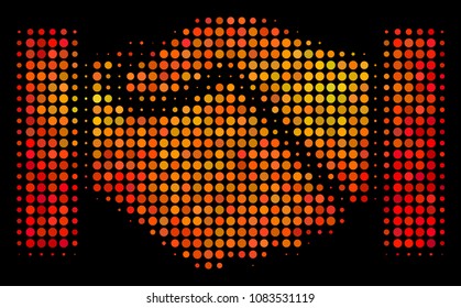 Dotted acquisition handshake icon. Bright pictogram in hot color tones on a black background. Vector halftone composition of acquisition handshake icon organized from round elements.