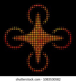 Dotted air drone icon. Bright pictogram in fire color tones on a black background. Vector halftone mosaic of air drone pictogram organized with round items.