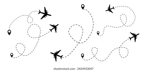 Dotted airplane cartoon illustration set. Path or way of plane, aircraft of jet in shape of heart, line or circles with destination point or location mark. Travel, distance, route concept