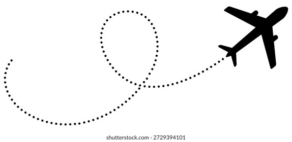 Ícone pontilhado da trajetória de voo do avião mostrando a rota de viagem. Ilustração vetorial de trilha de avião com padrão de linha tracejada para planejamento de viagem e mapa de viagem.