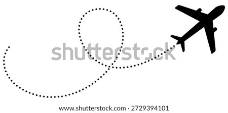 Dotted airplane flight path icon showing travel route. Vector illustration of plane trail with dashed line pattern for trip planning and journey map.