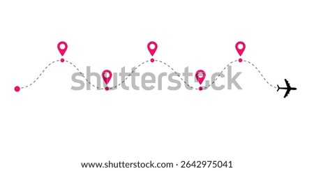 Dotted airplane route paths with flight tracking lines and global air routes showing dashed plane lines and curved aircraft trails for navigation maps and aviation themed vector illustrations