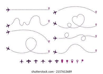 Dotted Airplane Trajectories Cartoon Illustration Set. Path Or Way Of Plane, Aircraft Of Jet In Shape Of Heart, Line Or Circles With Destination Point Or Location Mark. Travel, Distance, Route Concept