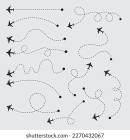 conjunto de ilustraciones de trayectorias de avión con puntos, ruta o forma de plano, vector, silueta negra