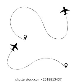Dotted airplane trajectories, path or way of plane, and aircraft of jet with trajectories