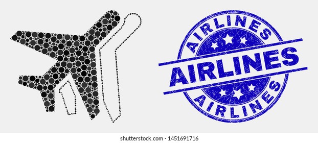 Dotted airplanes mosaic pictogram and Airlines seal stamp. Blue vector rounded grunge stamp with Airlines message. Vector collage in flat style. Black isolated airplanes mosaic of randomized circles,