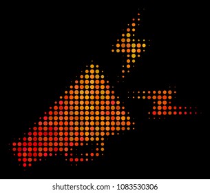 Dotted alert megaphone icon. Bright pictogram in orange color variations on a black background. Vector halftone concept of alert megaphone pictogram made with circle pixels.
