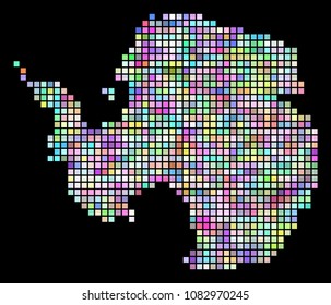 Dotted Antarctica map. Vector geographic map in smoothed irregular colors on a black background. Vector mosaic of Antarctica map organized with regular square elements.