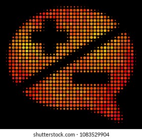 Dotted arguments icon. Bright pictogram in fire color shades on a black background. Vector halftone collage of arguments pictogram organized with round pixels.