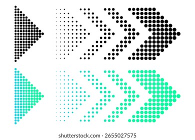 Coleção de setas pontilhadas. Símbolo de movimento direcional. Ponteiro de arte em pixels. Elemento de navegação vetorial.