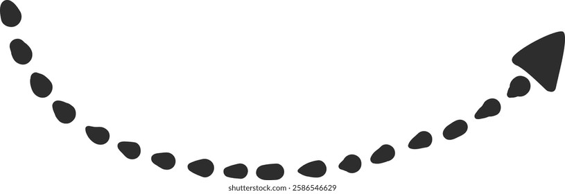 Dotted arrow crafted from small black dots, pointing upwards and to the right, featuring a long, curved trajectory. Isolated on a clean white background, symbolizing progress and growth