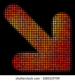 Dotted arrow down right icon. Bright pictogram in hot color tones on a black background. Vector halftone pattern of arrow down right pictogram done with spheric dots.