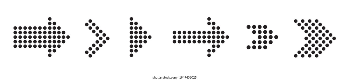 Kollektion von Pfeilsymbolen mit Dotted. Moderne dot abstrakte Vektorelemente. Pfeilhalftoneffekt auf weißem Hintergrund. Vektorgrafik.
