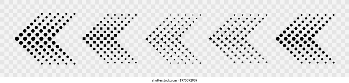 Dotted arrow icon set. Gradient dot vector isolated elements. Arrows halftone effect on white background. Vector illustration.