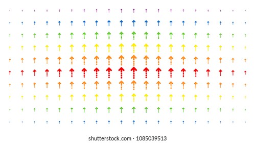 Dotted arrow icon spectral halftone pattern. Vector dotted arrow objects are arranged into halftone matrix with vertical rainbow colors gradient. Designed for backgrounds, covers,