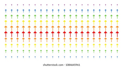 Dotted Arrow icon spectrum halftone pattern. Vector items arranged into halftone grid with vertical rainbow colors gradient. Designed for backgrounds, covers, templates and abstract effects.
