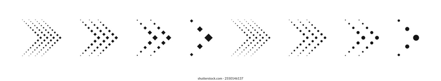 Ícones de seta pontilhada. Coleção de vetores de setas de meio-tom.  Conjunto de cursor de seta pontilhada. Ilustração de setas de gradiente de meio-tom