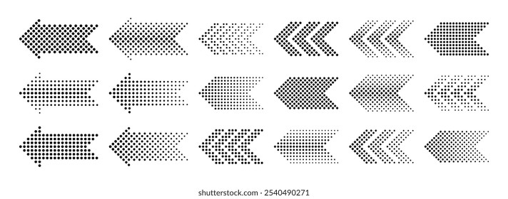 Dotted arrow icons. Halftone pointers, cursors, direction signs, sideways arrows with black dots. Navigation pictograms for infographics and design elements. Vector set.