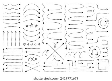 Dotted arrow line with dashes and arrowheads. Broken trace stroke with random angles, spirals, twisted loops and wavy direction point. Thin slim evolve for travel trip map