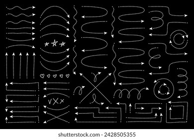Línea de flecha punteada con guiones y puntas de flecha. Trazo roto con ángulos aleatorios, espirales, bucles retorcidos y punto de dirección ondulada. Delgado delgado evolucionar para el mapa de viaje