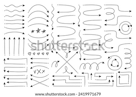 Dotted arrow line with dashes and arrowheads. Broken trace stroke with random angles, spirals, twisted loops and wavy direction point. Thin slim evolve for travel trip map