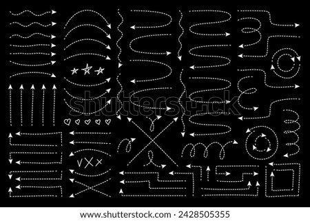 Dotted arrow line with dashes and arrowheads. Broken trace stroke with random angles, spirals, twisted loops and wavy direction point. Thin slim evolve for travel trip map