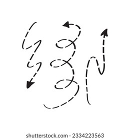 dotted arrow line drawing in hand drawn style. Suitable for design elements. Curved and straight arrow lines