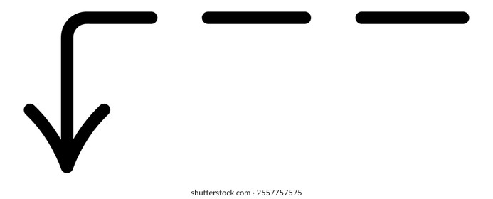 Dotted arrow. Sketch. Black pointer bent at right angle, pointing left and down. Hand drawn vector illustration. Outline on isolated white background. Doodle style. Idea for web design.