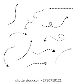 Dotted arrow vector set showing curved and directional paths.Useful for infographics, presentations, diagrams, and navigation design.
Perfect for flowcharts, process visuals, and instructional graphics.