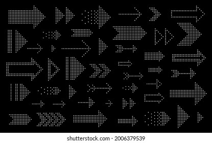 Dotted arrows big vector set of icons or logos, collection of direction cursors made with dots, perforated symbols, different shapes arrows for graphic design usage.